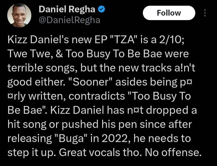 Daniel Regha rates Kizz Daniel's new EP