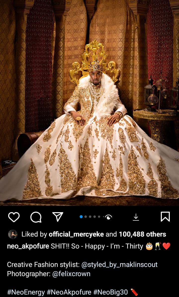 Neo Akpofure celebrates 30th birthday with royalty-themed photos